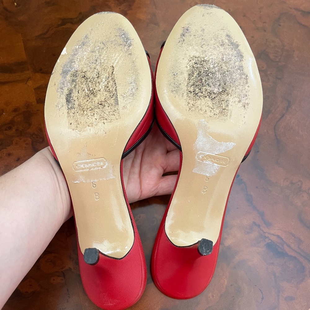 Coach Leather Red/Black Open Toe Slide Sandals Heels Button Italy Size 6B - Picture 3 of 8